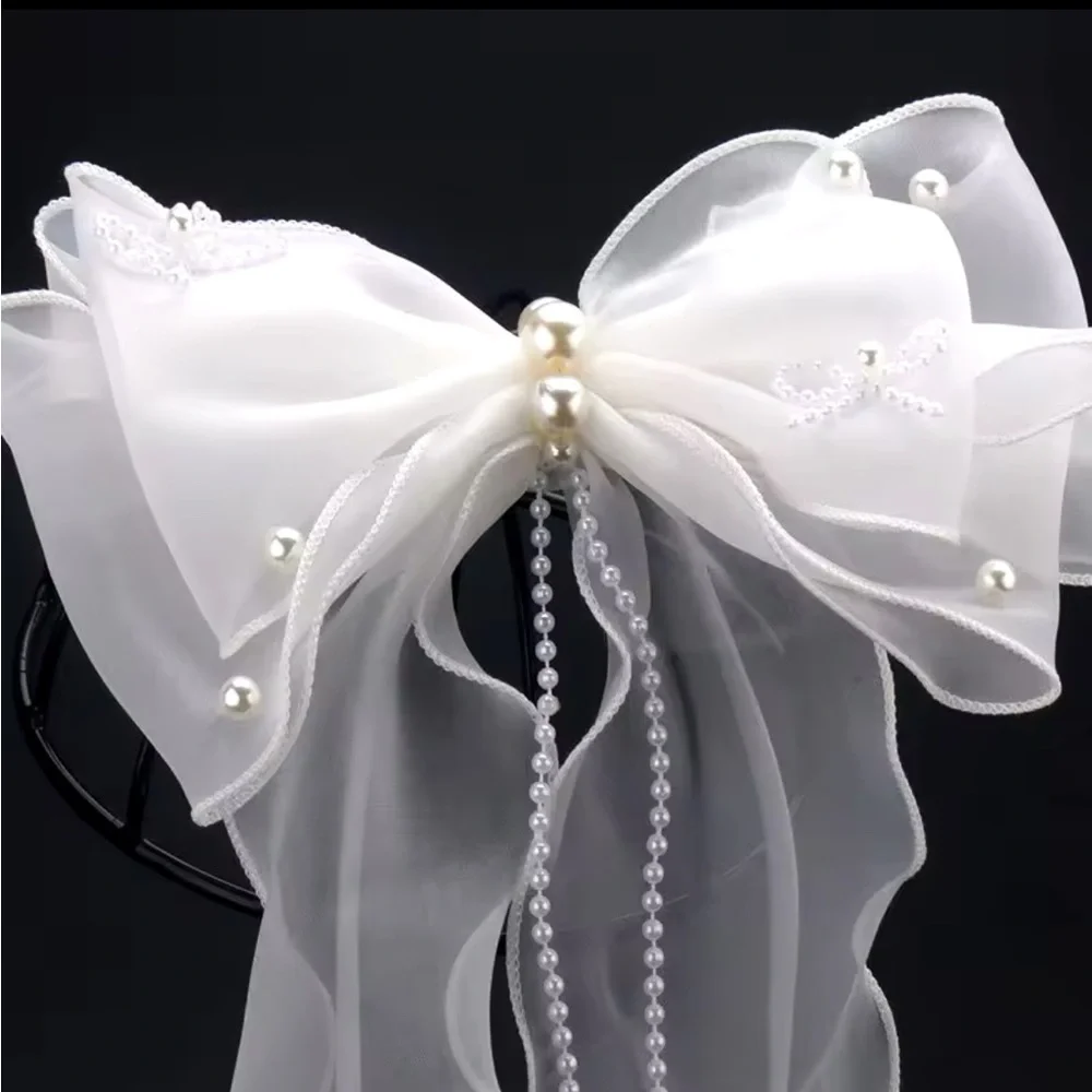 Oversized White Mesh Bow With Pearls Hair Clip